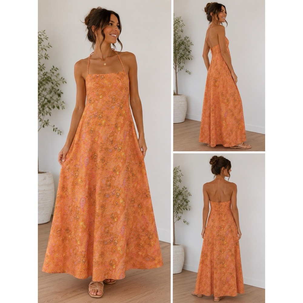 Charlie Holiday Linen Cotton Paisley Maxi Dress Orange Yellow Pink Lined Size 8